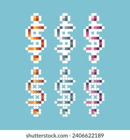 Pixel art stroke sets of dollar money icon with variation color item asset. dollar money icon on pixelated style. 8bits perfect for game asset or design asset element for your game design asset