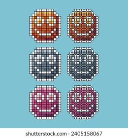 Pixel art stroke sets of happy emoji icon with variation color item asset. happy emoticon icon on pixelated style. 8bits perfect for game asset or design asset element for your game design asset