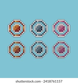 El trazo de arte de píxeles establece un icono de color de variación de círculo. icono de círculo en estilo pixelado. 8 bits perfectos para activos de juego o elementos de activos de diseño para su diseño de juego. Elemento de icono de píxel simple.