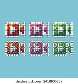 Pixel art stroke sets icon of  camera icon variation color.camera play icon on pixelated style. 8bits perfect for game asset or design asset element for your game design. Simple pixel art icon asset.