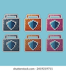 Pixel art stroke sets icon of shield case variation color. Shield icon on pixelated style. 8bits perfect for game asset or design asset element for your game design. Simple pixel art icon asset.
