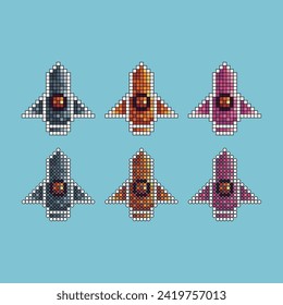 El trazo de arte de píxeles establece el icono de la variación de la nave espacial color.Icono de la nave espacial sobre el estilo pixelado. 8 bits perfectos para activos de juego o elementos de activos de diseño para su diseño de juego. Elemento de icono de píxel simple.
