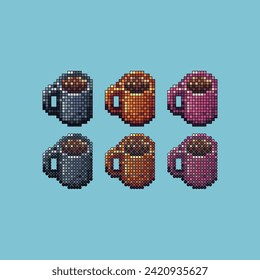 Pixel art stroke sets icon of cup of coffee logo variation color.cup coffee icon on pixelated style. 8bits Illustration, perfect for design asset element your game ui. Simple pixel art icon asset.