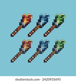 Pixel art stroke sets icon of torch mining item logo variation color. Torch icon on pixelated style. 8bits Illustration, perfect for design asset element your game ui. Simple pixel art icon asset.