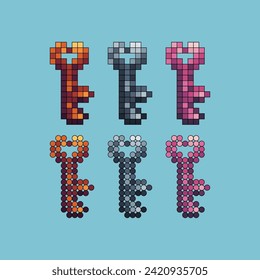 Pixel art stroke sets icon of heart key variation color. Heart key shape icon on pixelated style. 8bits Illustration, perfect for design asset element your game ui. Simple pixel art icon asset.