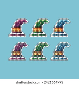 Pixel art stroke sets icon of witch hat collection variation color.Witch hat icon on pixelated style. 8bits Illustration, perfect for design asset element your game ui. Simple pixel art icon asset.
