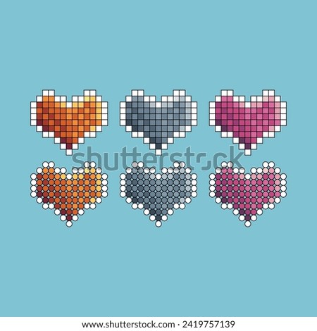 Pixel art stroke sets icon of heart variation color. Heart icon on pixelated style. 8bits perfect for game asset or design asset element for your game design. Simple pixel art icon asset.

