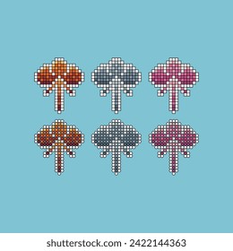 Pixel art stroke sets icons of download cloud sign variations in color.Cloud save icon in pixelated style. 8-bit Illustration,for design asset elements, game UIs, and mobile apps icon collection.