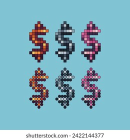 Pixel art stroke sets icons of dollar money sign variations in color.Dollar money icon in pixelated style. 8-bit Illustration,for design asset elements, game UIs, and mobile apps icon collection.