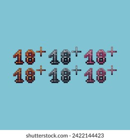 Pixel art stroke sets icons of 18 plus sign variations in color.Age 18+ icon in pixelated style. 8-bit Illustration,for design asset elements, game UIs, and mobile apps icon collection.