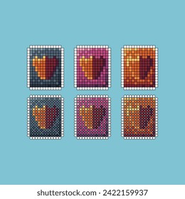 Pixel art stroke sets icons of book of shield sign variations in color.Shield book icon in pixelated style. 8-bit Illustration,for design asset elements, game UIs, and mobile apps icon collection.