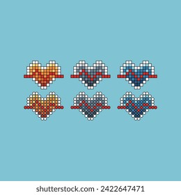 Pixel art stroke sets icons of heart rate 
 wave sign variations in color. Heart wave icon in pixelated style. 8-bit Illustration,for design asset elements, game UIs, and mobile apps icon collection.