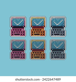 Pixel art stroke sets icons of laptops sign variations in color. Approve laptop icon in pixelated style. 8-bit Illustration,for design asset elements, game UIs, and mobile apps icon collection.