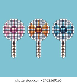 Pixel art stroke sets of lollipop candy icon with variation color item asset. candy icon on pixelated style. 8bits perfect for game asset or design asset element for your game design asset