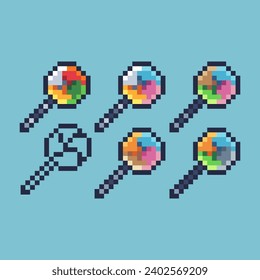 Pixel art stroke sets of lollipop candy icon with variation color item asset. candy icon on pixelated style. 8bits perfect for game asset or design asset element for your game design asset