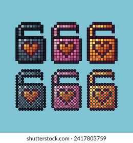 Pixel art stroke sets love padlock icon with variation color. padlock  icon on pixelated style. 8bits perfect for game asset or design asset element for your game design. Simple pixel art icon asset.