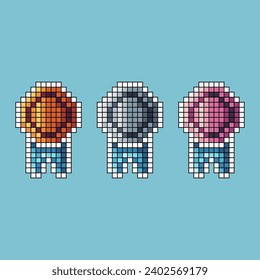 Pixel art stroke sets of medal icon with variation color item asset. medal achievement icon on pixelated style. 8bits perfect for game asset or design asset element for your game design asset