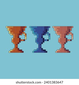 Pixel art stroke sets of trophy winner icon with variation color item asset. Trophy win icon on pixelated style. 8bits perfect for game asset or design asset element for your game design asset