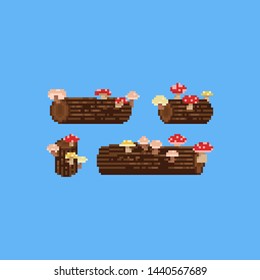 Pixel art stump with mushrooms set.Autumn.8bit.