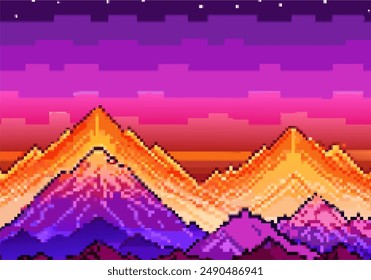 Pixel art in the style of 8-bit games with a gradient sky, clouds, mountain range and green vegetation. Stylized as early video games, can be used as a background for games, digital art or retro desig