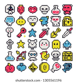 Pixel art style abstract icons set elements design for arcade, logo, app, web, sticker. Creatures character and cute animals. Video game sprite. Isolated vector illustration on white background. 