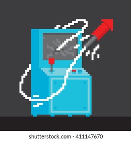 Pixel art style arcade game cabinet with firework vector illustration 
