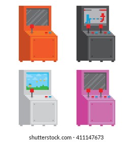 Pixel art style arcade game cabinet isolated vector illustration set