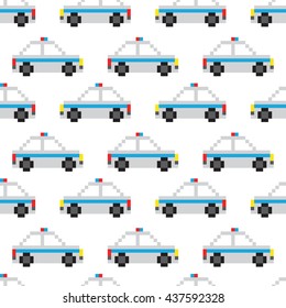 Pixel art style arcade game police car seamless vector pattern 