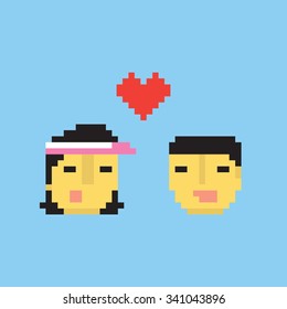Pixel art style asian couple in love vector illustration