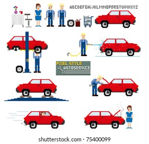 Pixel art style. Auto service. Vector illustration.