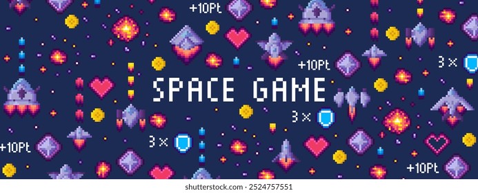 Pixel art style background featuring various space game elements such as rockets, hearts, shields and stars. Ideal for game design, retro themes, sci-fi concepts, digital art and space adventures