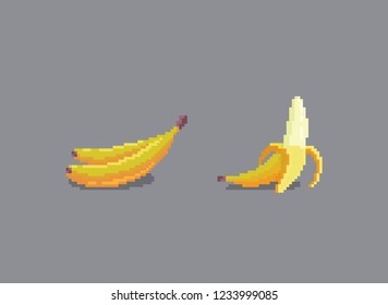 Pixel art style banana illustration isolated on gray background.