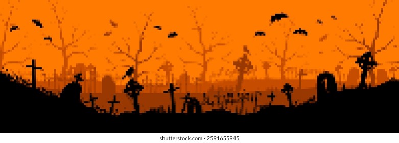 Pixel art style with bare trees, flying bats, and graveyard creates a spooky feeling at dusk.