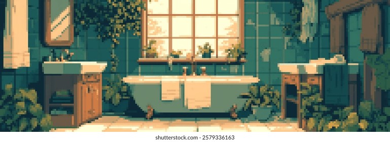 A pixel art style bathroom featuring a vintage bathtub, plants, and a large window. The walls are tiled in blue, with wooden cabinets and a mirror reflecting the greenery outside.