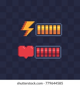 Pixel Art Style. Battery Charge. Full Health Bar. Video Game 8-bit Sprite. Sign Energy, Heart. Isolated Abstract Vector Illustration. 