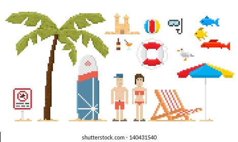 Pixel art estilo praia conjunto. Ilustração vetorial.