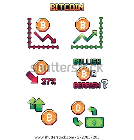 A pixel art style Bitcoin icon set with bright colors. Perfect for your projects.