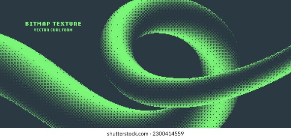 Pixel Art Style Bitmap Texture Curl Form Vector Panoramic Abstract Background. 8 Bit Console Retro Video Game Wide Wallpaper. Noise Dither Effect Bright Green Colour Modernism Smooth Curved Shape