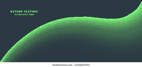 Pixel Art Style Bitmap Texture Wavy Form Vector Noise Dither Wide Abstraction. 8bit Console Arcade Video Game Panoramic Wallpaper. Retro Digital Technology Bright Green Colour Smooth Curved Shape