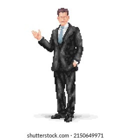 Pixel art style. Businessman character. A man in a business suit. The male character in a jacket and tie. Vintage retro pixel art colorful flat illustration.