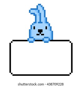 Pixel Art Style Cartoon Blue Easter Bunny Text Frame Vector Illustration