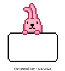 Pixel art style cartoon pink easter bunny text frame vector illustration