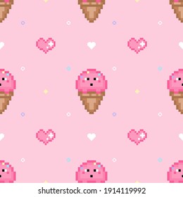 Dibujo estilo Pixel vectores de dibujos animados sin fisuras. Fondo de juego retro con cono de helado de fresa y corazones de vida sobre fondo rosa. Textura interminable giratoria con iconos de 8 bits al estilo de los años 90.