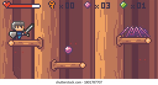 Pixel art style, character in arcade game. Game play vector illustration. Man with sharp sword fighting against spider monster, retro gaming mode. Hero bravely fights with a big insect monster in a forest