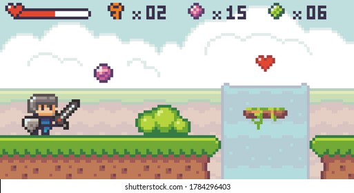 Pixel Art Stil, Charakter im Spiel Arcade spielen. Mann mit scharfem Schwert und Schild kämpft für den Preis Herz und Kristall, Retro-Gaming-Modus. Spielszene mit Schmutzplattformen mit Gras und Busch, Wasserfall