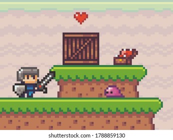 Pixel art style, character in game arcade play. Man with sharp sword and shield fighting against monster aliens, retro gaming mode. Game scene with dirt platforms with grass, wooden box and chest