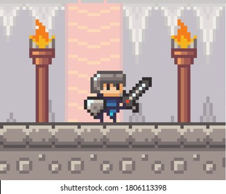 Pixel art style, character in game arcade play. Man with sharp sword and shield going in the hallway of castle, retro gaming mode. Game scene concrete platform with fire torch in underground cave