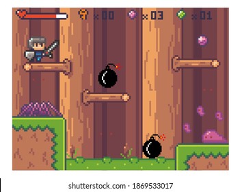 Pixel art style, character in game arcade play. Man with sharp sword fighting against enemy soldier with bomb. Game scene with wooden platforms in the forest, steps from branches vector illustration