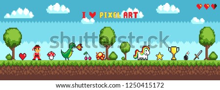 Pixel art style, character in game arcade play vector. Man with sharp sword fighting against dragon, retro gaming mode, unicorn and icons trophy star - Vector
