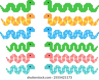 Pixel art style colorful snake illustration set